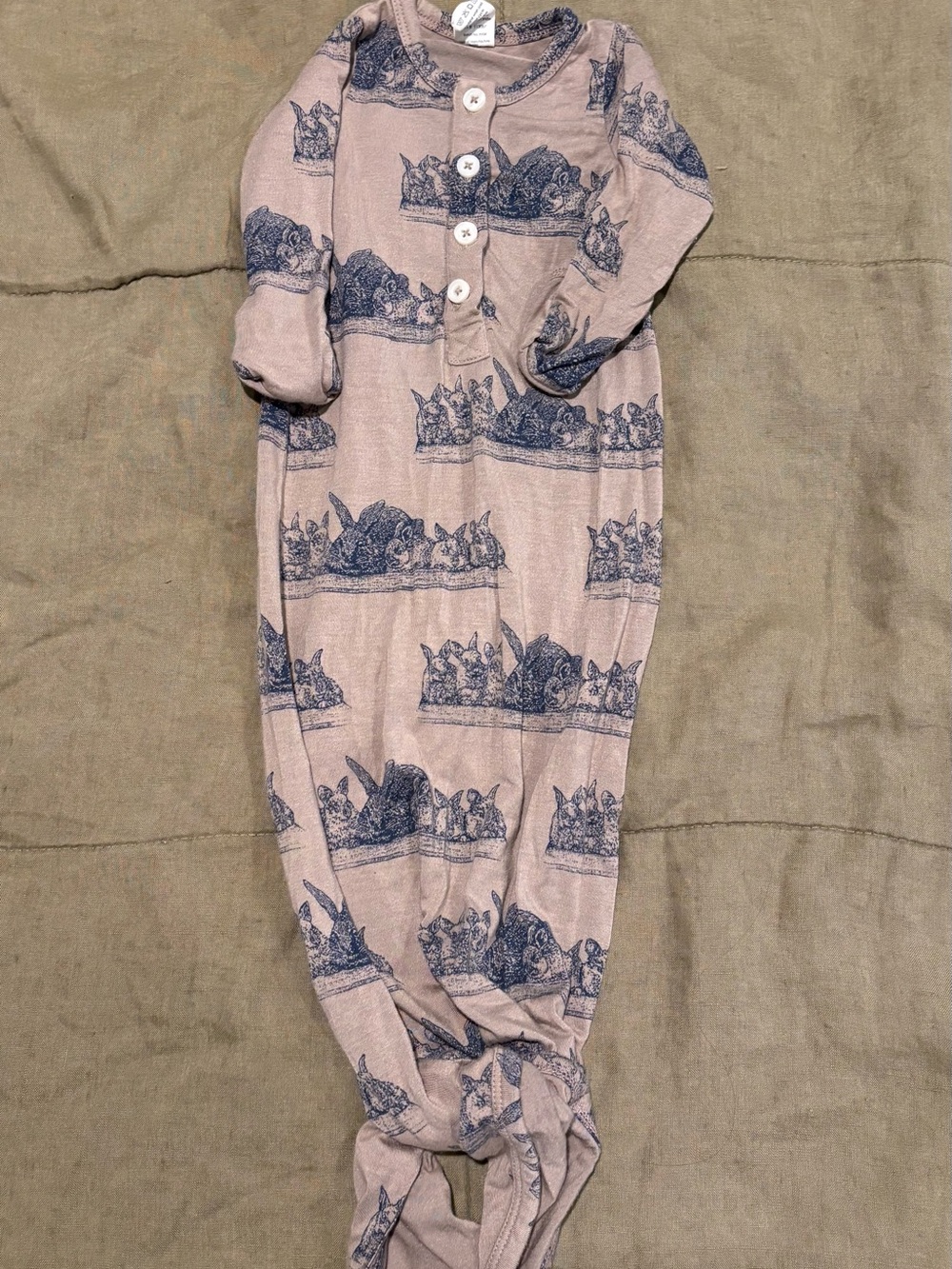 Kate Quinn Modal Baby Knot Gown in Tan with Navy Bunny Print - 0-3m